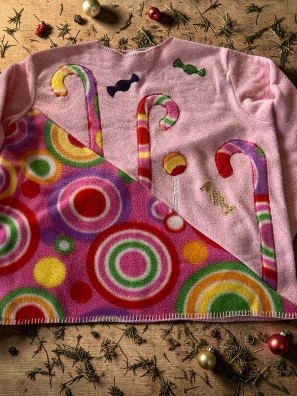 Vintage Shane Lee Inc Pink Holiday Candy Fleece Top Women's L USA Made